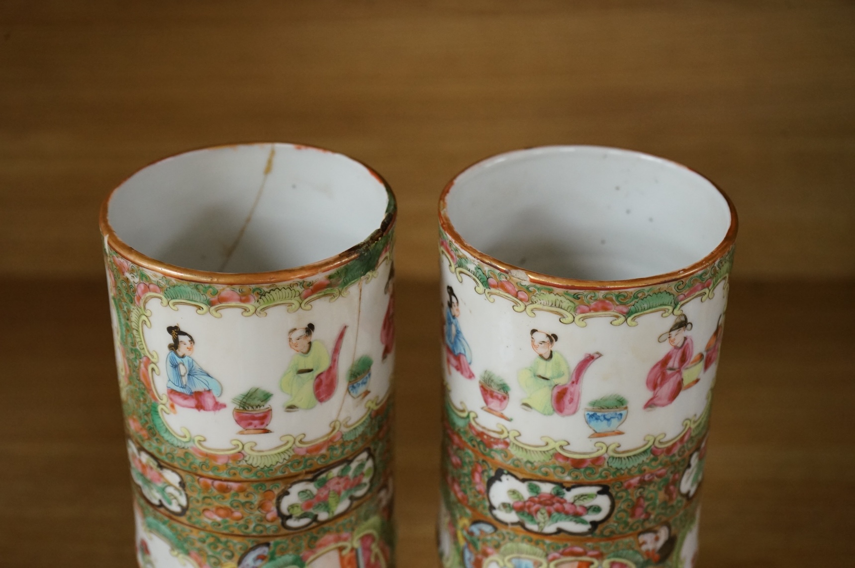 A pair of 18th century Chinese famille rose sleeve vases, a pair of 19th century Canton pattern vases and two English spill vases (6), tallest 25cm